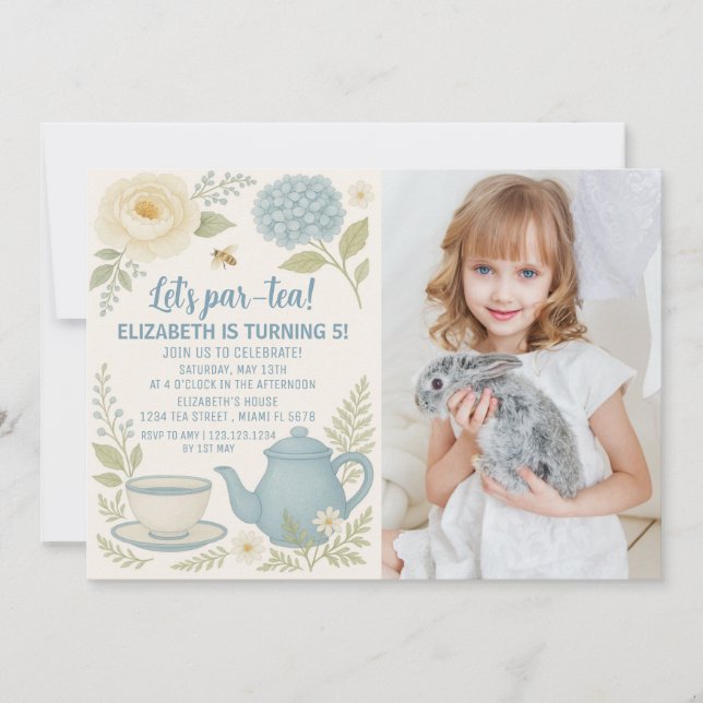 Cute Blue Tea Party Birthday Invitation (Front)