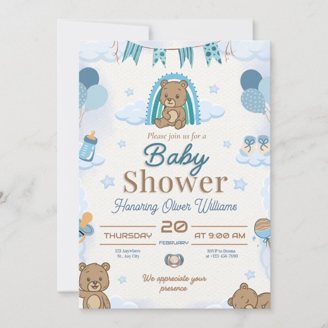 Cute Blue Teddy Baby Shower Editable Design Invitation (Front)