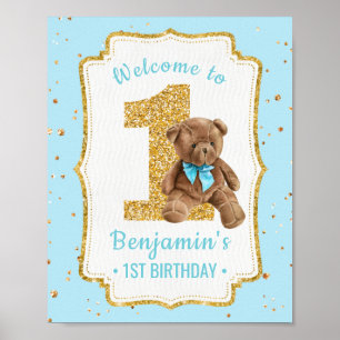 Cute Blue Teddy Bear 1st Birthday Poster