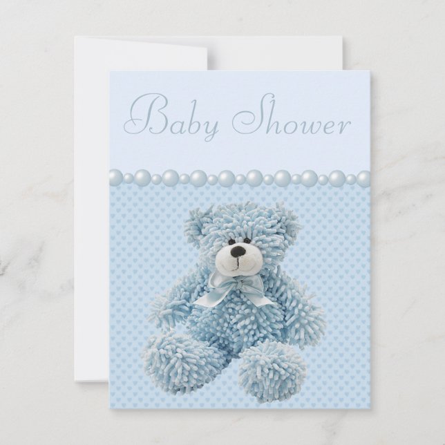 Cute Blue Teddy Bear Baby Boy Shower Invitation (Front)