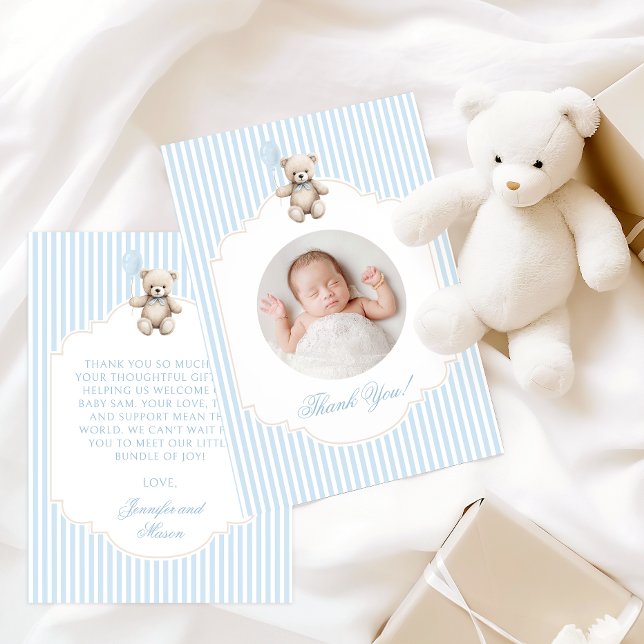Cute Blue Teddy Bear Baby Boy Shower Photo Thank You Card (Creator Uploaded)
