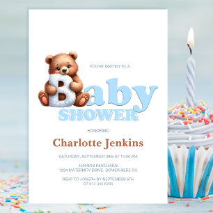 Cute Blue Teddy Bear Baby Shower Invitation