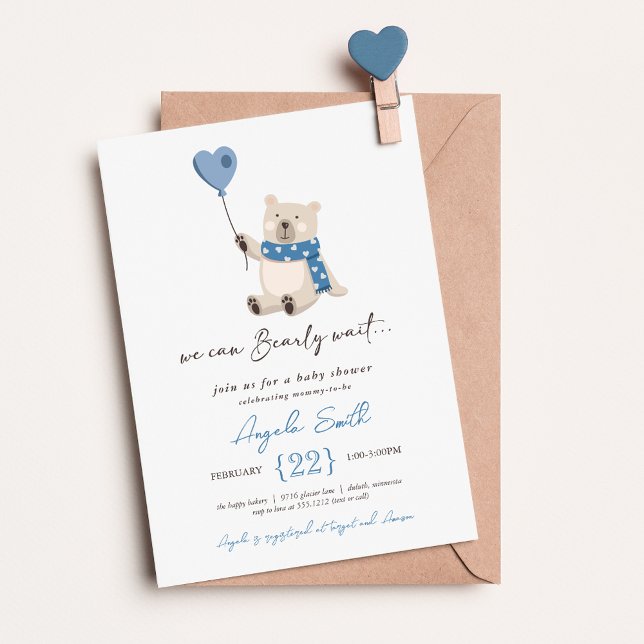 Cute Blue Teddy Bear Bearly Wait Baby Shower Invitation (Creator Uploaded)