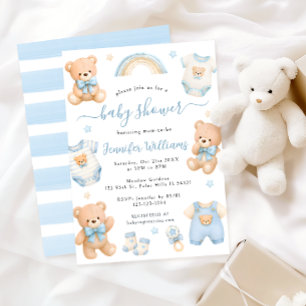 Cute Blue Teddy Bear Boho Baby Boy Shower Invitation
