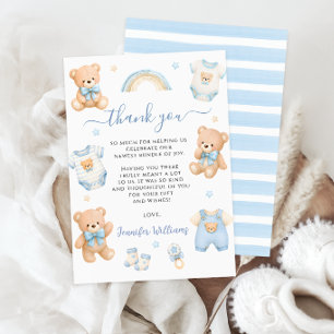Cute Blue Teddy Bear Boho Clothes Baby Boy Shower Thank You Card