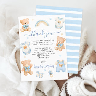 Cute Blue Teddy Bear Boho Clothes Baby Boy Shower Thank You Card