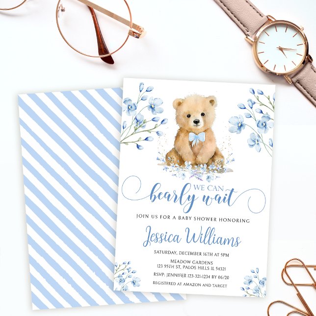 Cute blue teddy bear floral baby shower Invitation (Creator Uploaded)