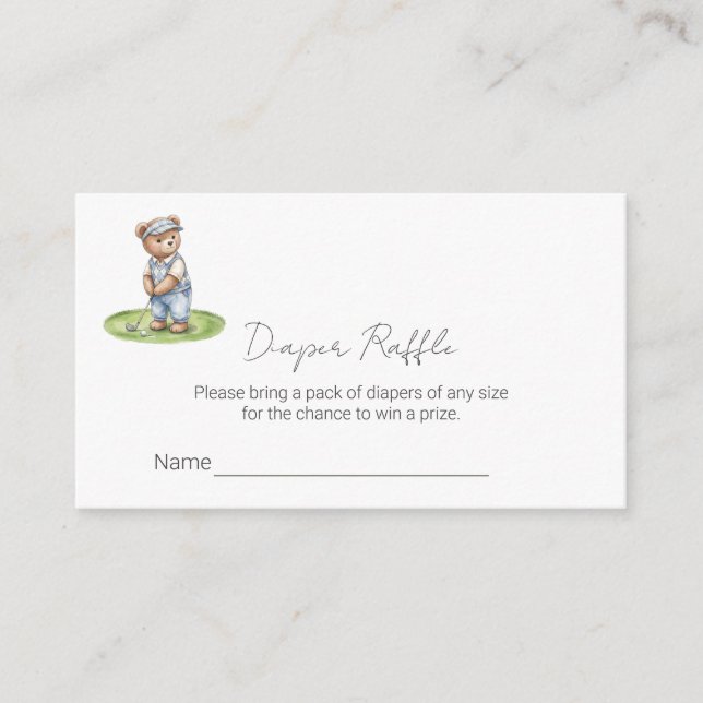 Cute Blue Teddy Bear Golfing Diaper Raffle Ticket  Enclosure Card (Front)