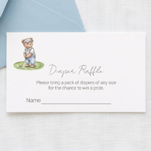Cute Blue Teddy Bear Golfing Diaper Raffle Ticket  Enclosure Card
