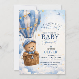 Cute Blue Teddy Bear Hot Air Balloon Baby Shower Invitation