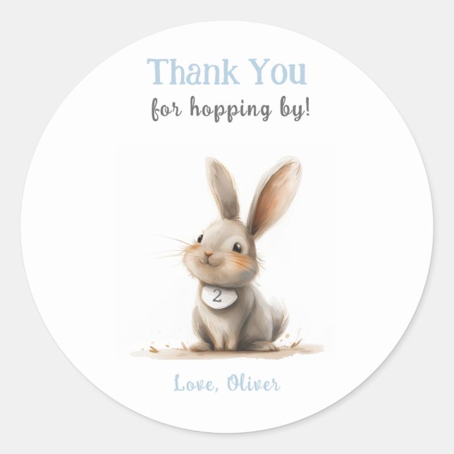 Cute Blue Thank You Bunny Birthday  Classic Round Sticker (Front)