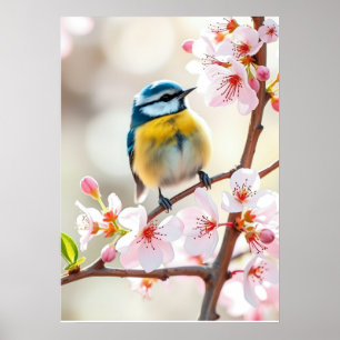 Cute Blue Tit Bird on Spring Blooming Apple Tree Poster