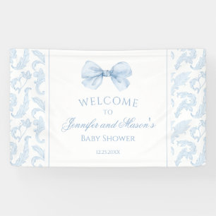 Cute Blue Toile Bow Baby Boy Shower Welcome Banner