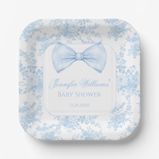 Cute Blue Toile Floral Bow Tie Baby Boy Shower Paper Plate (Front)