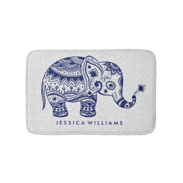 Cute Blue Tones Floral Elephant Bath Mat (Front)