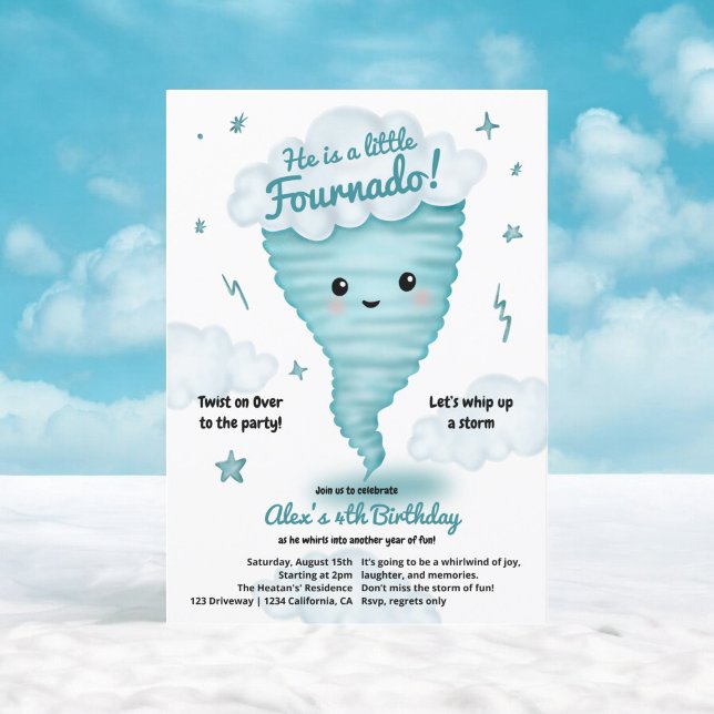 Cute blue Tornado Themed 4th Birthday Kids party Invitation (Cute blue Tornado Themed 4th Birthday Kids party Invitation)