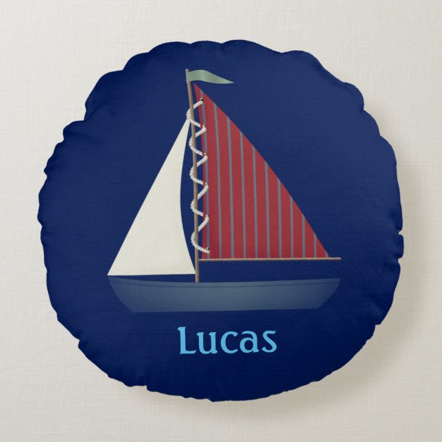 Cute Blue Toy Sailboat Round Cushion (Front)