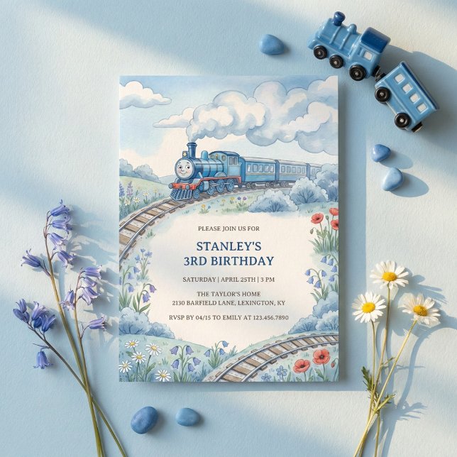Cute Blue Train Watercolor Boys Birthday Party Invitation (Blue Train Birthday Party Invitation for Boys)