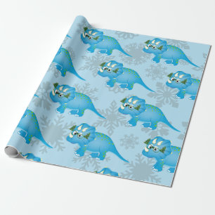 Cute Blue Triceratops Dinosaur Christmas Kids Wrapping Paper