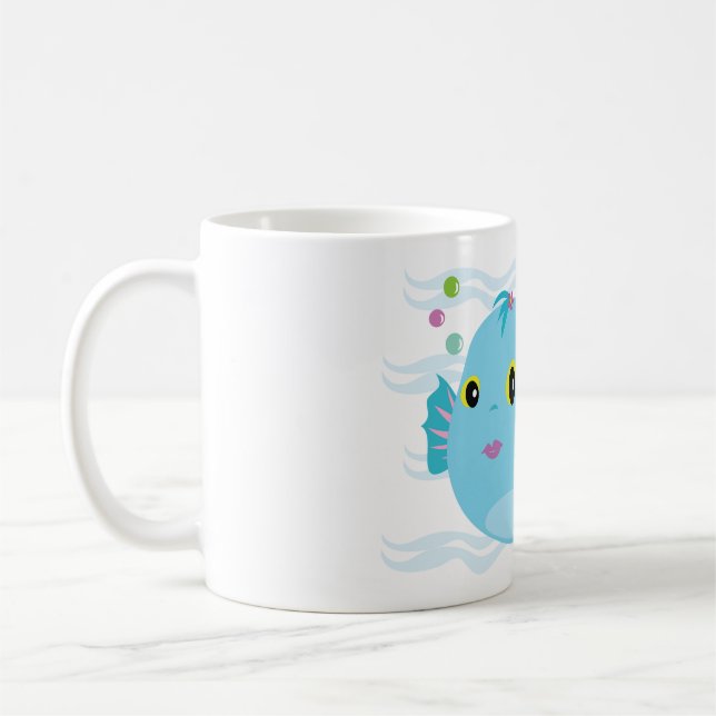 Cute Blue Tropical Fish Pink Fins Coffee Mug (Left)