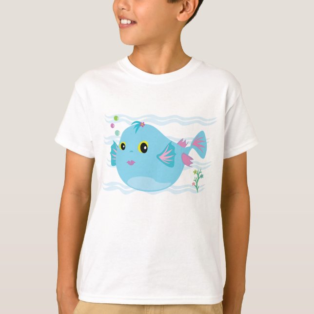Cute Blue Tropical Fish Pink Fins T-Shirt (Front)