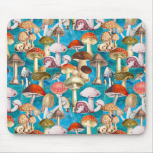 Cute blue turquoise mushroom fungi pattern mouse pad