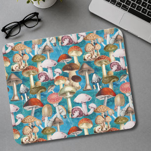 Cute blue turquoise mushroom fungi pattern  mouse pad