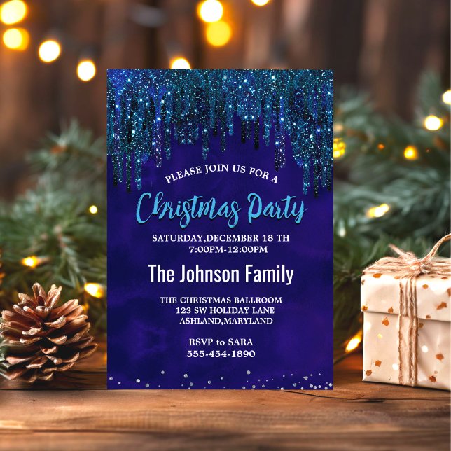 Cute blue turquoise Unicorn Glitter Drip Christmas Invitation (Creator Uploaded)