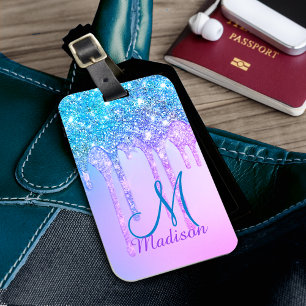 Cute blue Turquoise Unicorn Glitter Drips monogram Luggage Tag