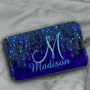 Cute blue turquoise Unicorn Glitter Drips monogram Luggage Tag