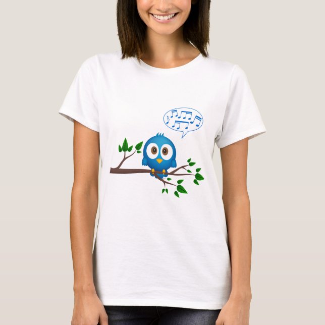 Cute blue twitter bird cartoon on woman's shirt (Front)
