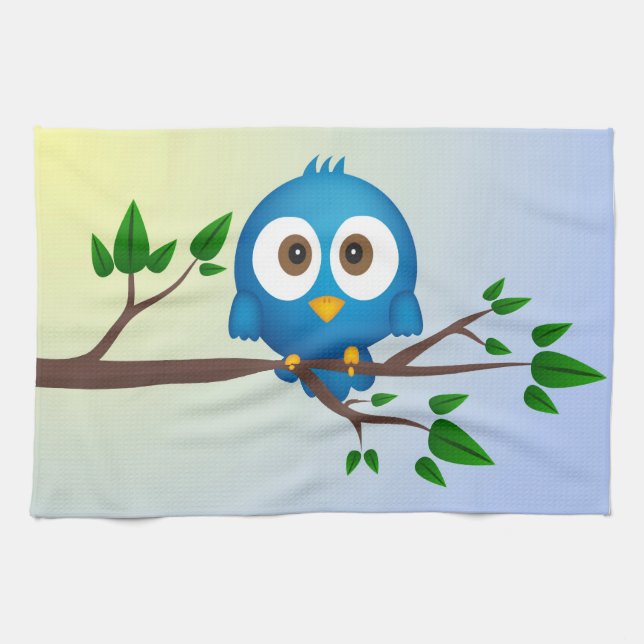 Cute blue twitter bird cartoon tea towel (Horizontal)