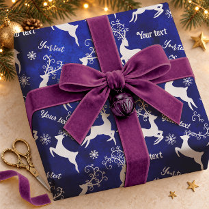 Cute Blue Typography Reindeer Name Christmas Wrapping Paper