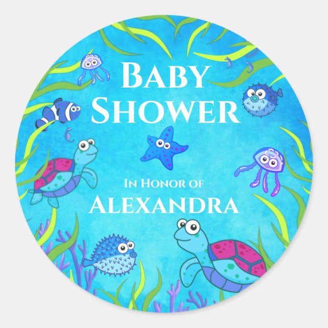 Cute Blue Under the Sea Boy Baby Shower Napkins Classic Round Sticker (Front)