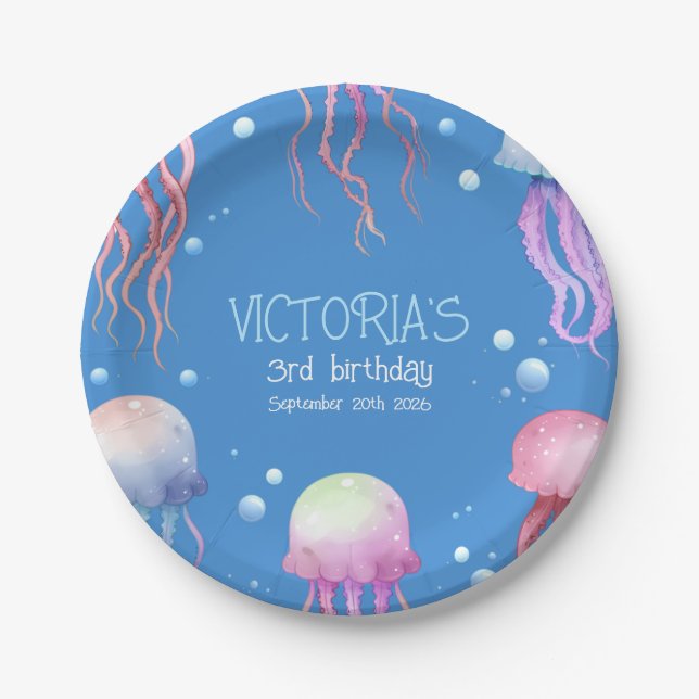 Cute Blue Under The Sea Jellyfish Birthday  Paper Plate (Front)