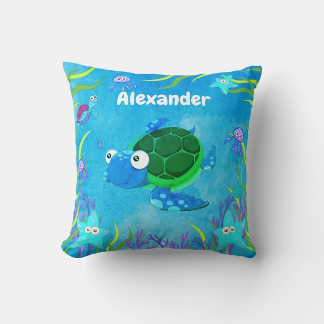 Cute Blue Under the Sea Turtle Cushion (Front)
