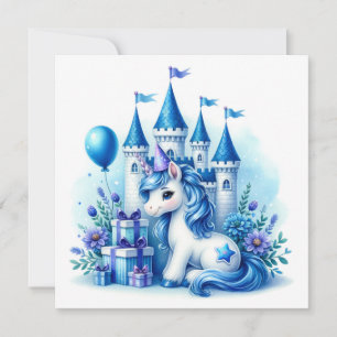 Cute Blue Unicorn and Fairytale Castle  Invitation