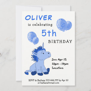 Cute Blue Unicorn Balloons Boy`s Birthday Party Invitation