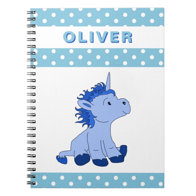 Cute Blue Unicorn Polka Dot Pattern Kid`s Name Notebook (Front)