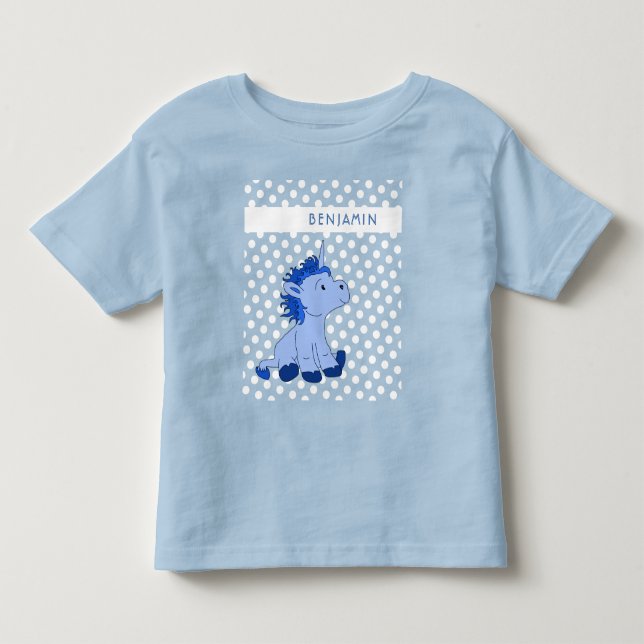 Cute Blue Unicorn Polka Dot Pattern Kids Name Toddler T-Shirt (Front)