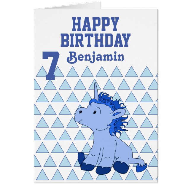 Cute Blue Unicorn Triangle Pattern Birthday Card (Front)