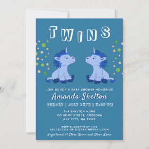 Cute Blue Unicorn Twins 2 Boys Baby Shower Invitation