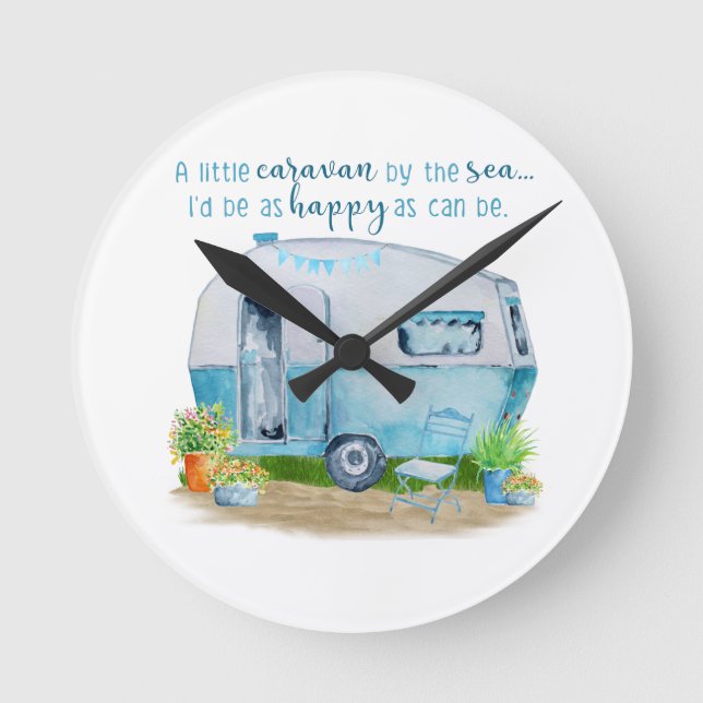 Cute Blue Vintage Retro Camper Caravan Round Clock (Front)