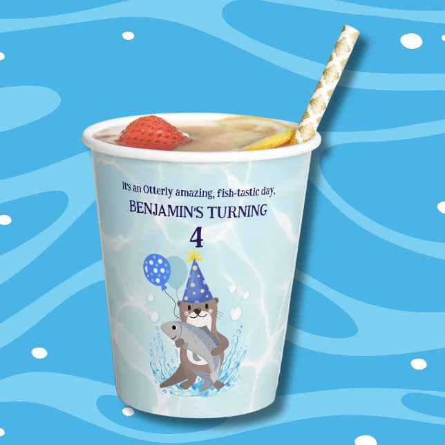 Cute Blue Water Boy Sea Otter Birthday Party Paper Cups (Creator Uploaded)