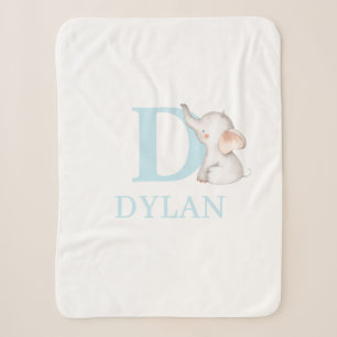 Cute Blue Watercolor Baby Elephant Monogram & Name Sherpa Blanket