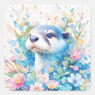 Cute Blue Watercolor Baby Otter Peeking Through Square Sticker