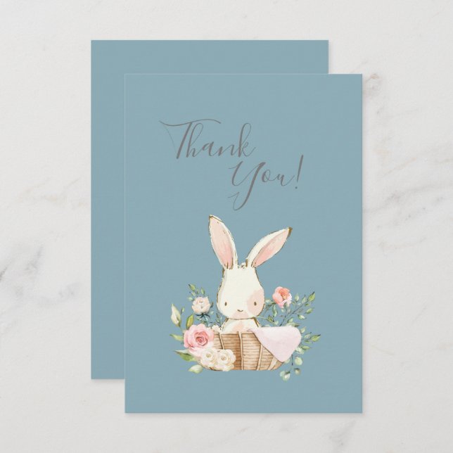 Cute Blue Watercolor Bunny Baby Shower Thank You  (Front/Back)