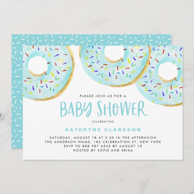 Cute Blue Watercolor Doughnuts Boy Baby Shower Invitation (Front/Back)