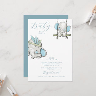 Cute Blue Watercolor Elephant Baby Shower Invitation