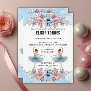 Cute Blue Watercolor Floral Ballerina Baby Shower Invitation
